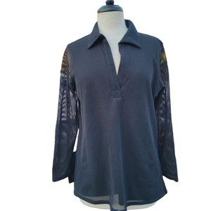 Joan Vass Black 3/4 Sleeve V Neck Mesh Pullover Collared Top Women's Size Large
